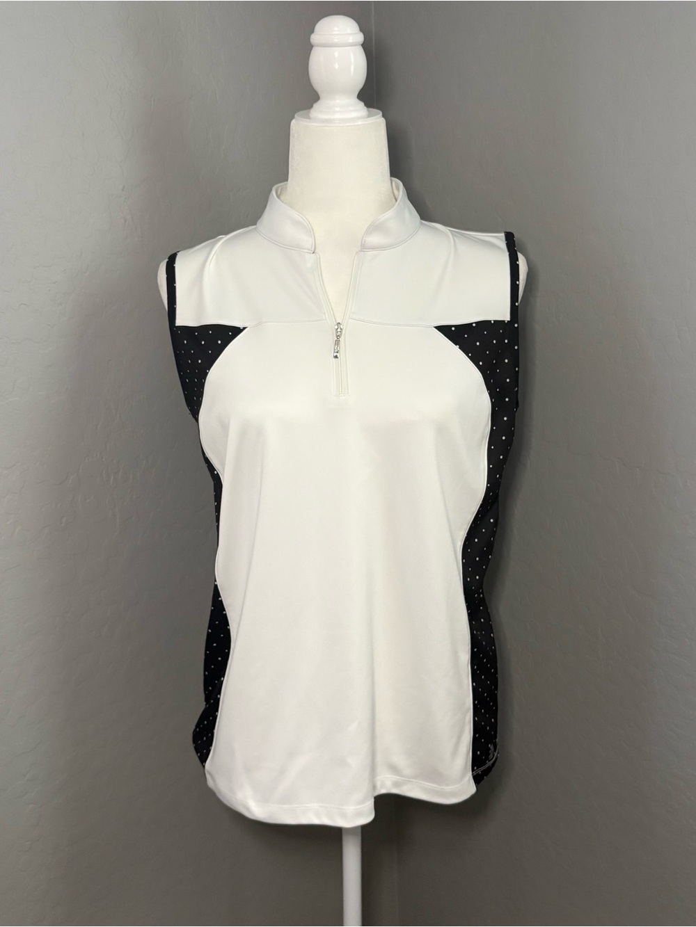 Izod White Sleeveless Polo Tank with Black Polka Side Panels